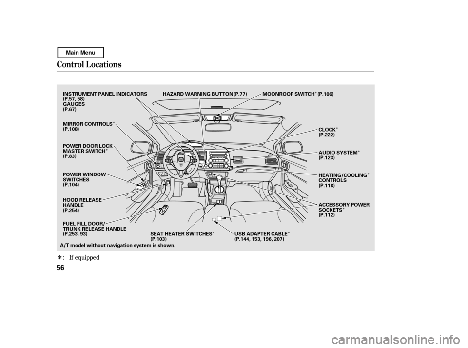 HONDA CIVIC COUPE 2011 8.G Workshop Manual Î
Î
Î
Î
ÎÎ ÎÎ
Î
Î
If equipped
:
Control L ocations
56
HEATING/COOLING 
CONTROLS 
(P.118)
A/T model without navigation system is shown. INSTRUMENT PANEL INDICATORS
MOONROOF SWITCH
H