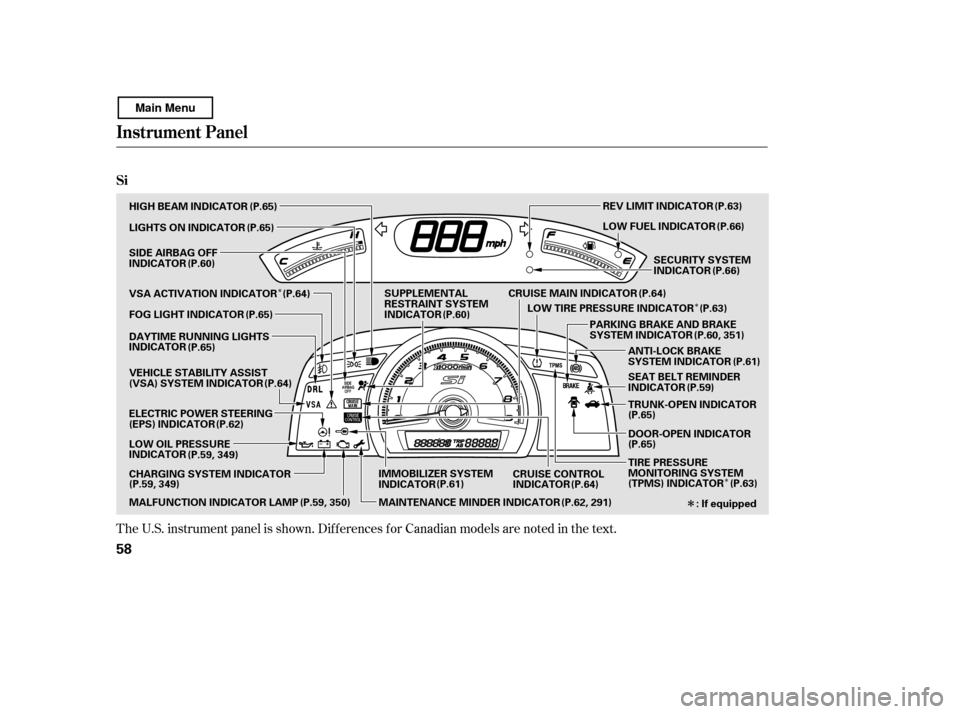 HONDA CIVIC COUPE 2011 8.G Owners Manual ÎÎ
Î
Î
The U.S. instrument panel is shown. Dif f erences f or Canadian models are noted in the text.
Instrument Panel
Si
58
DOOR-OPEN INDICATOR
SEAT BELT REMINDER 
INDICATOR
(P.59, 350) LOW FU