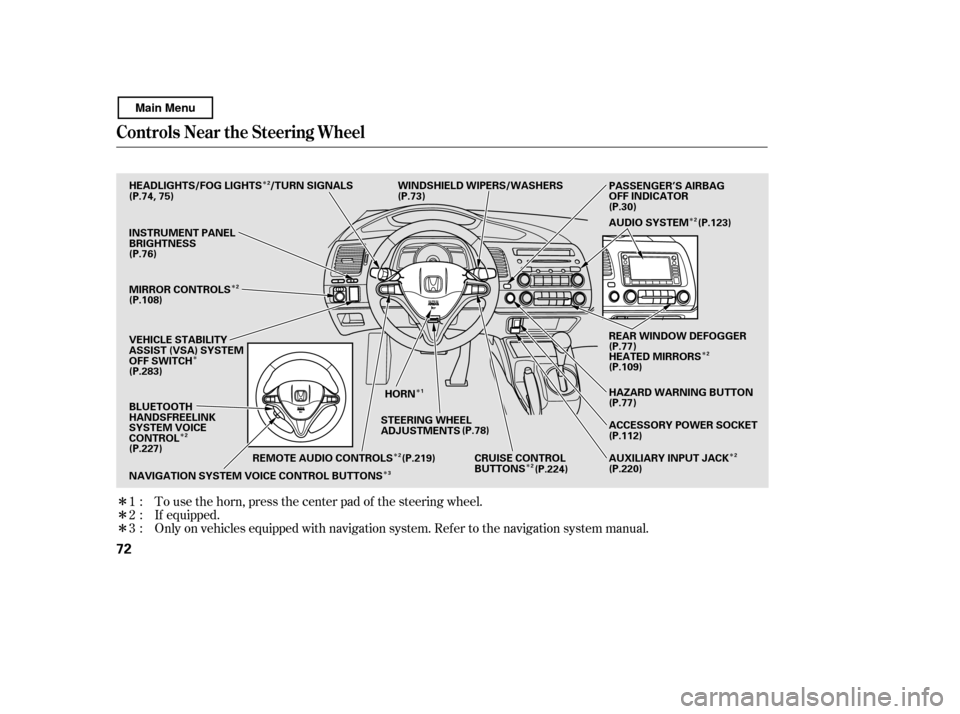 HONDA CIVIC COUPE 2011 8.G Manual PDF Î
Î Î
Î
Î
Î Î
Î Î
Î
Î
Î ÎÎ
To use the horn, press the center pad of the steering wheel.
If equipped.
Only on vehicles equipped with navigation system. Ref er to the navigat