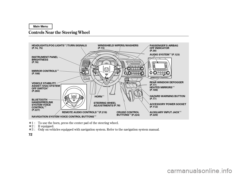 HONDA CIVIC COUPE 2011 8.G Owners Manual Î
Î Î
Î
Î
Î Î
Î Î
Î
Î
Î ÎÎ
To use the horn, press the center pad of the steering wheel.
If equipped.
Only on vehicles equipped with navigation system. Ref er to the navigat