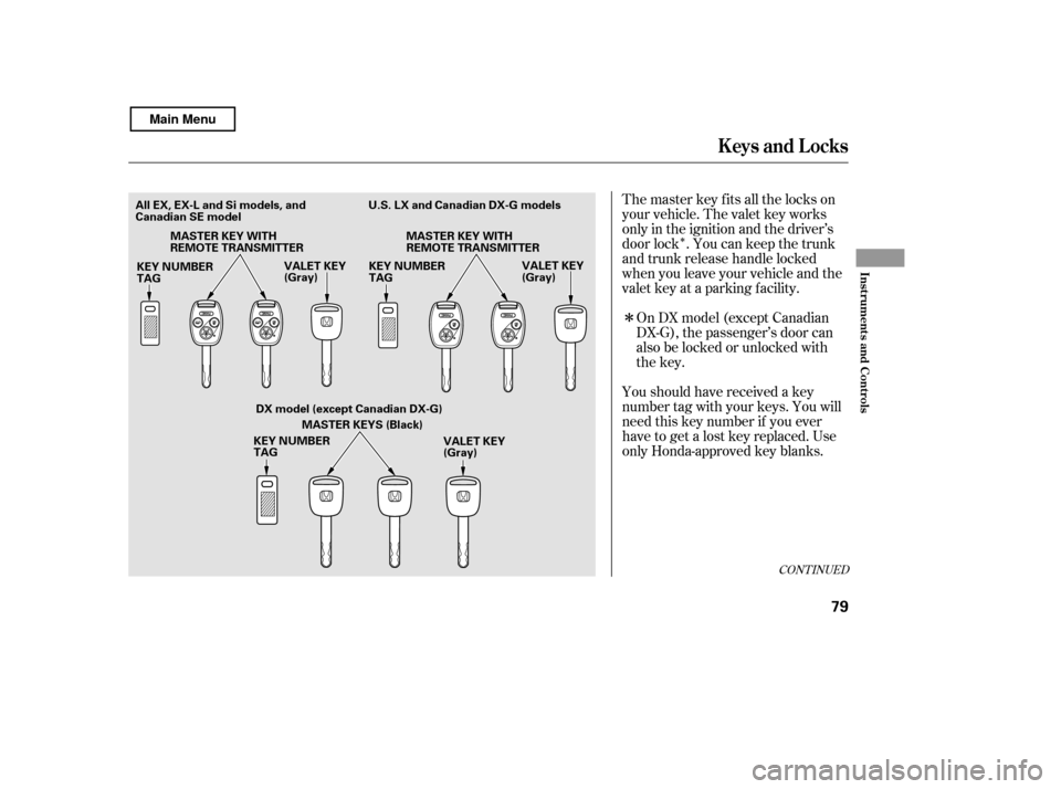 HONDA CIVIC COUPE 2011 8.G Manual Online Î
Î
The master key fits all the locks on 
your vehicle. The valet key works
only in the ignition and the driver’s
door lock . You can keep the trunk
and trunk release handle locked
when you leav