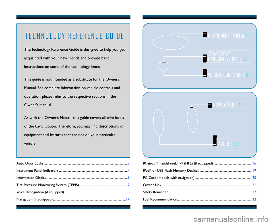 HONDA CIVIC COUPE 2011 8.G Technology Reference Guide Bluetooth®HandsFreeLink®(HFL) (if equipped) ....................................\2...........\f6
iPod
®or USB Flash Memory Device ....................................\2.............................