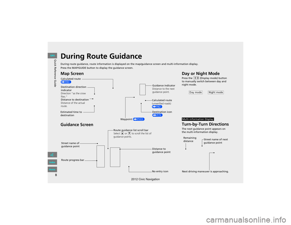 HONDA CIVIC COUPE 2012 9.G Navigation Manual 8
Quick Reference GuideDuring Route Guidance
During route guidance, route information is displayed on the map/guidance screen and multi-information display.
Press the MAP/GUIDE button to display the g