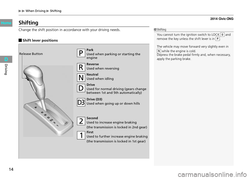 HONDA CIVIC COUPE 2014 9.G CNG User Guide When Driving Shifting
14
Driving
Shifting
Change the shift position in accordance with your driving needs.
Shift lever positions
Park
Used when parking or starting the
engine
Reverse
Used when rev HONDA CIVIC COUPE 2014 9.G CNG User Guide When Driving Shifting
14
Driving
Shifting
Change the shift position in accordance with your driving needs.
Shift lever positions
Park
Used when parking or starting the
engine
Reverse
Used when rev