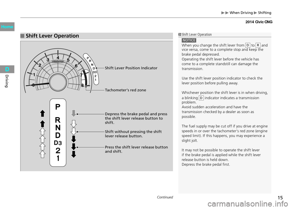 HONDA CIVIC COUPE 2014 9.G CNG User Guide When Driving Shifting
15Continued
Driving
Shift Lever Operation
Shift Lever Position Indicator
Tachometer’s red zone
Depress the brake pedal and press
the shift lever release button to
shift.
S HONDA CIVIC COUPE 2014 9.G CNG User Guide When Driving Shifting
15Continued
Driving
Shift Lever Operation
Shift Lever Position Indicator
Tachometer’s red zone
Depress the brake pedal and press
the shift lever release button to
shift.
S