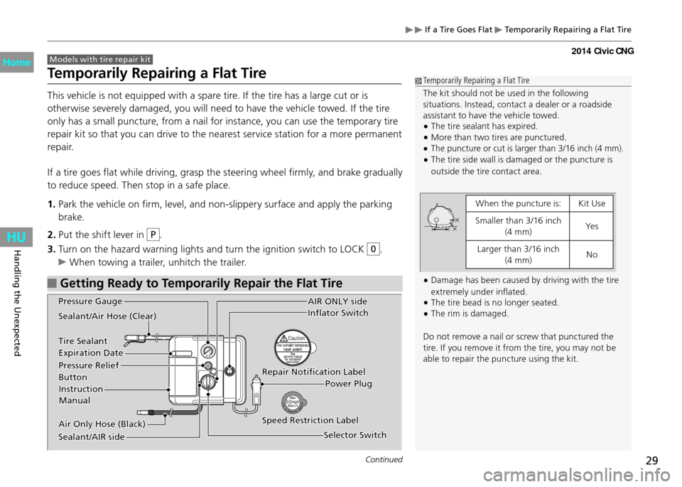 HONDA CIVIC COUPE 2014 9.G CNG Owners Manual 29Continued
Handling the Unexpected
 If a Tire Goes Flat  Temporarily Repairing a Flat Tire
 Models with tire repair kit  
Temporarily Repairing a Flat Tire
This vehicle is not equipped with a spare t