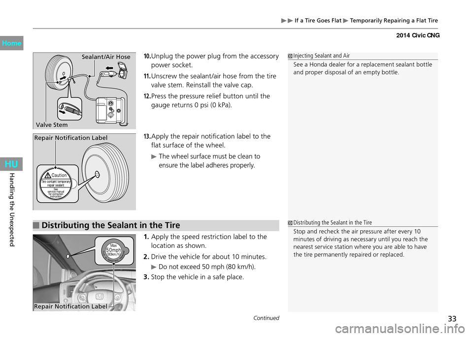 HONDA CIVIC COUPE 2014 9.G CNG Owners Guide 33Continued
Handling the Unexpected
 If a Tire Goes Flat  Temporarily Repairing a Flat Tire
10. Unplug the power plug from the accessory 
power socket.
11.  Unscrew the sealant /air hose from the tire