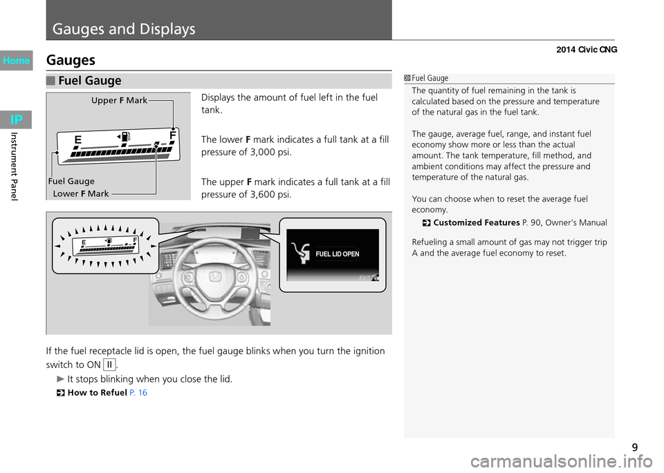 HONDA CIVIC COUPE 2014 9.G CNG Owners Manual 9
Gauges and Displays
Instrument Panel
Gauges
 Fuel Gauge Fuel Gauge
The quantity of fuel remaining in the tank is 
calculated based on the pressure and temperature 
of the natural gas in the fuel tan