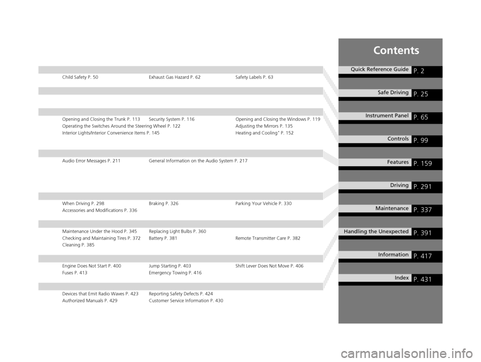 HONDA CIVIC COUPE 2014 9.G Navigation Manual Contents
Child Safety P. 50Exhaust Gas Hazard P. 62Safety Labels P. 63
Opening and Closing the Trunk P. 113 Security System P. 116 Opening and Closing the Windows P. 119
Operating the Switches Around 