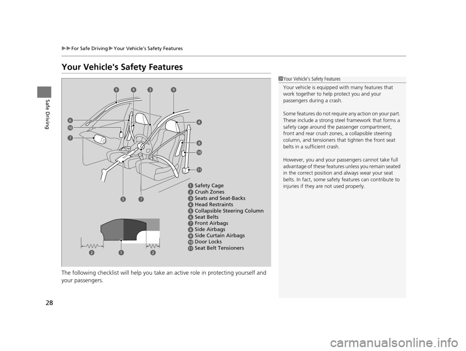HONDA CIVIC COUPE 2014 9.G Navigation Manual 28
uuFor Safe Driving uYour Vehicles Safety Features
Safe Driving
Your Vehicles Safety Features
The following checklist will help you take an active role  in protecting yourself and 
your passengers