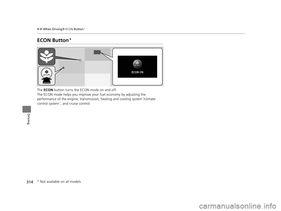 HONDA CIVIC COUPE 2014 9.G Navigation Manual 314
uuWhen Driving uECON  Button*
Driving
ECON Button*
The ECON  button turns the ECON mode on and off.
The ECON mode helps you improve your fuel economy by adjusting the 
performance of the engine, t