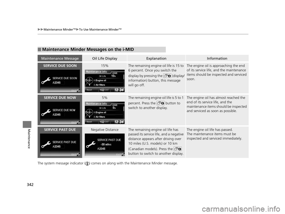 HONDA CIVIC COUPE 2014 9.G Navigation Manual 342
uuMaintenance MinderTMuTo Use Maintenance MinderTM
Maintenance
The system message indicator ( ) comes on al ong with the Maintenance Minder message.
■Maintenance Minder Messages on the i-MID
Mai HONDA CIVIC COUPE 2014 9.G Navigation Manual 342
uuMaintenance MinderTMuTo Use Maintenance MinderTM
Maintenance
The system message indicator ( ) comes on al ong with the Maintenance Minder message.
■Maintenance Minder Messages on the i-MID
Mai
