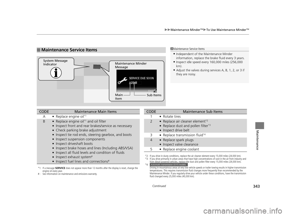 HONDA CIVIC COUPE 2014 9.G Navigation Manual 343
uuMaintenance MinderTMuTo Use Maintenance MinderTM
Continued
Maintenance
■Maintenance Service Items1Maintenance Service Items
•Independent of the Maintenance Minder 
information, replace the b