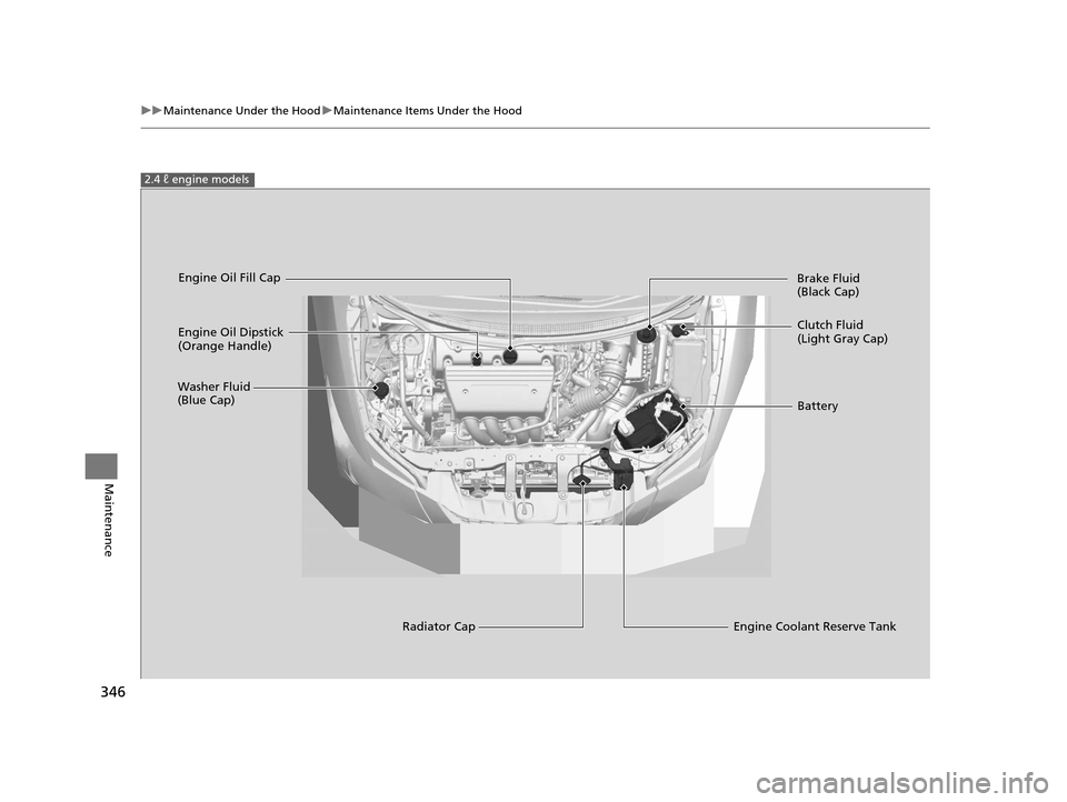 HONDA CIVIC COUPE 2014 9.G Navigation Manual 346
uuMaintenance Under the Hood uMaintenance Items Under the Hood
Maintenance
2.4 ℓ engine models
Engine Oil Dipstick
(Orange Handle)
Washer Fluid
(Blue Cap)
Engine Coolant Reserve Tank
Radiator HONDA CIVIC COUPE 2014 9.G Navigation Manual 346
uuMaintenance Under the Hood uMaintenance Items Under the Hood
Maintenance
2.4 ℓ engine models
Engine Oil Dipstick
(Orange Handle)
Washer Fluid
(Blue Cap)
Engine Coolant Reserve Tank
Radiator