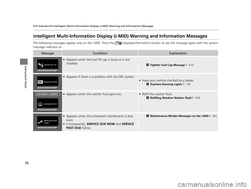HONDA CIVIC COUPE 2014 9.G Navigation Manual 76
uuIndicators uintelligent Multi-Informat ion Display (i-MID) Warning and Information Messages
Instrument Panel
intelligent Multi-Information Display (i-MID) Warning and Information Messages
The fol