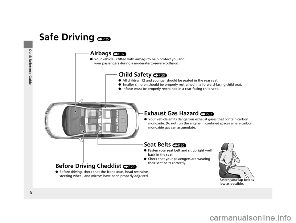 HONDA CIVIC COUPE 2014 9.G Navigation Manual 8
Quick Reference Guide
Safe Driving (P25)
Airbags (P37)
● Your vehicle is fitted with ai rbags to help protect you and
your passengers during a moderate-to-severe collision.
Child Safety (P50)
● HONDA CIVIC COUPE 2014 9.G Navigation Manual 8
Quick Reference Guide
Safe Driving (P25)
Airbags (P37)
● Your vehicle is fitted with ai rbags to help protect you and
your passengers during a moderate-to-severe collision.
Child Safety (P50)
●