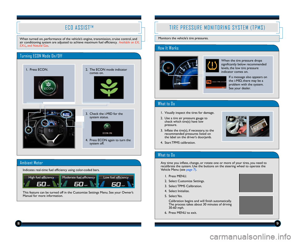 HONDA CIVIC COUPE 2014 9.G Technology Reference Guide \b9
T I R E   P R E S S U R E   M O N I T O R I N G   S Y S T E M   ( T P M S )
Monitors the vehicle’s tire pressures.
Turning ECON Mode On/Off
3. Check the i\bMID for thesystem status.
4. Press ECO