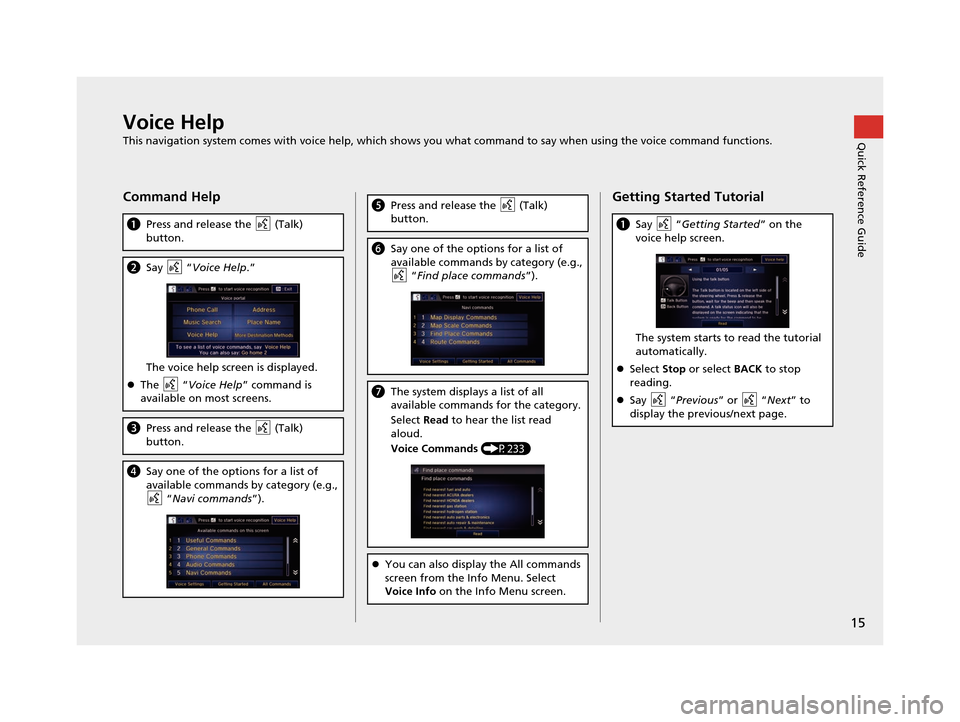 HONDA CIVIC COUPE 2015 9.G Navigation Manual 15
Quick Reference GuideVoice Help
This navigation system comes with voice help, which shows you what command to say when using the voice command functions.
Command Help
aPress and release the   (Talk