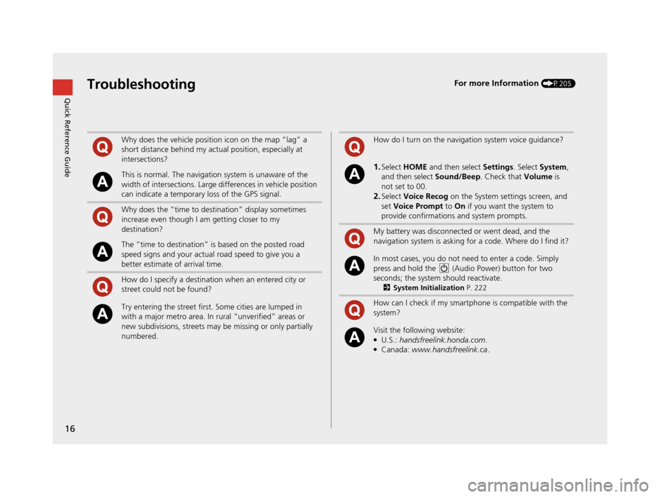 HONDA CIVIC COUPE 2015 9.G Navigation Manual 16
Quick Reference GuideTroubleshootingFor more Information (P205)
Why does the vehicle position icon on the map “lag” a 
short distance behind my actual position, especially at 
intersections?
Th