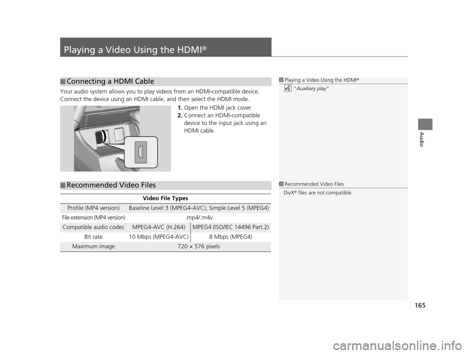 HONDA CIVIC COUPE 2015 9.G Navigation Manual 165
Audio
Playing a Video Using the HDMI®
Your audio system allows you to play videos from an HDMI-compatible device.
Connect the device using an HDMI cable, and then select the HDMI mode.1.Open the 