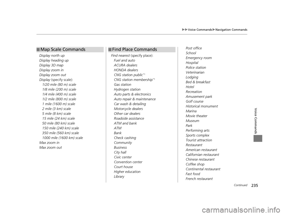 HONDA CIVIC COUPE 2015 9.G Navigation Manual 235
uuVoice Commands uNavigation Commands
Continued
Voice Commands
Display north up
Display heading up
Display 3D map
Display zoom in
Display zoom out
Display  (specify scale):
1/20 mile (80 m) scale
