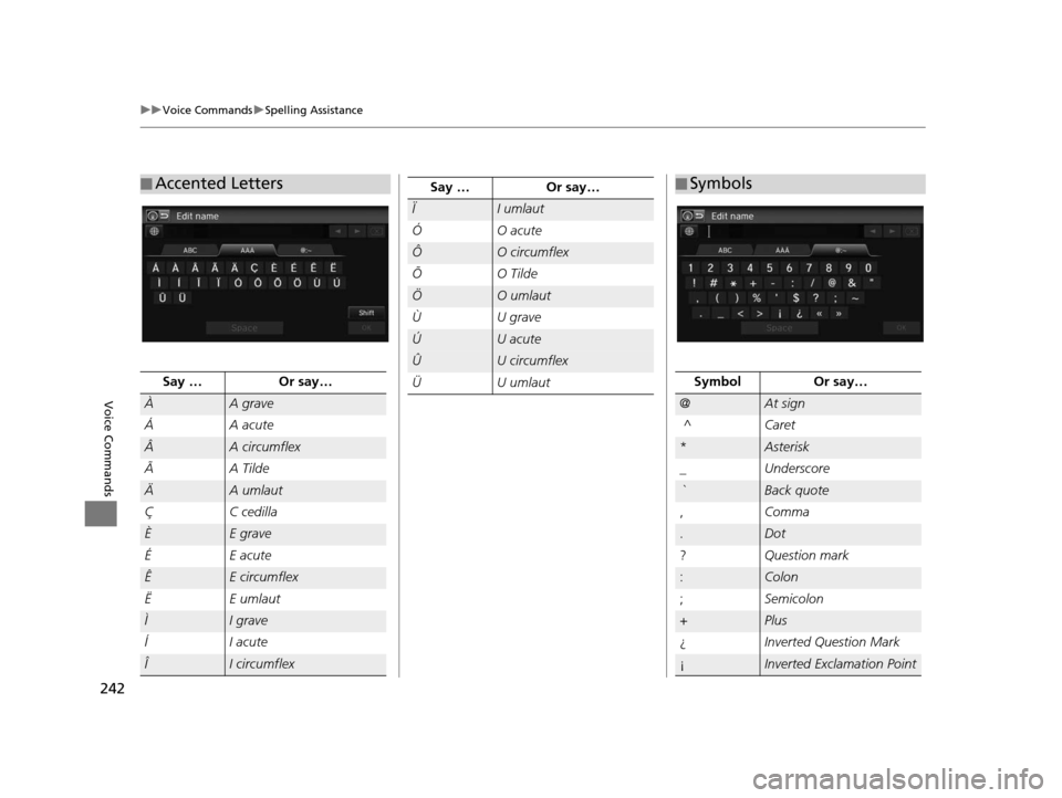 HONDA CIVIC COUPE 2015 9.G Navigation Manual 242
uuVoice Commands uSpelling Assistance
Voice Commands
■Accented Letters
Say …
Or say…
ÀA grave
Á A acute
ÂA circumflex
Ã A Tilde
ÄA umlaut
ÇC cedilla
ÈE grave
É E acute
ÊE circumflex