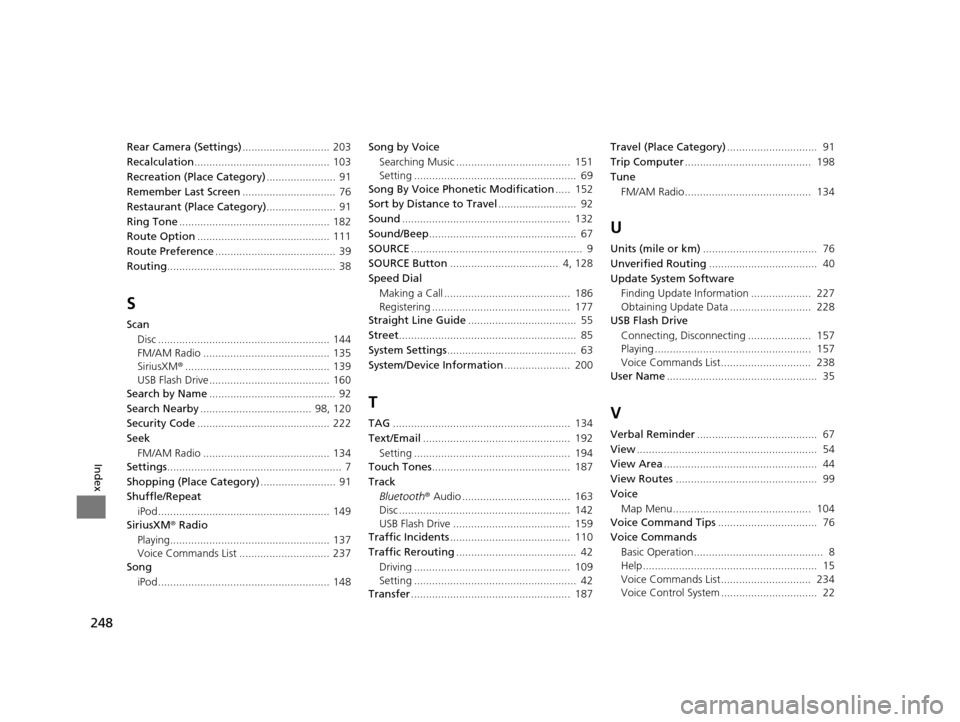 HONDA CIVIC COUPE 2015 9.G Navigation Manual 248
Index
Rear Camera (Settings)............................. 203
Recalculation ............................................. 103
Recreation (Place Category) .......................  91
Remember Last 