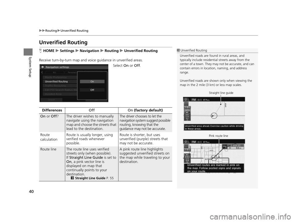 HONDA CIVIC COUPE 2015 9.G Navigation Manual 40
uuRouting uUnverified Routing
System Setup
Unverified Routing
H HOME uSetting su Navigation uRouting uUnverified Routing
Receive turn-by-turn  map and voice guidance in unverified areas.
Select On 