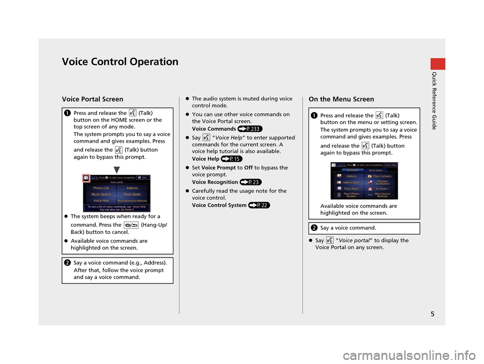 HONDA CIVIC COUPE 2015 9.G Navigation Manual 5
Quick Reference GuideVoice Control Operation
Voice Portal Screen
aPress and release the   (Talk) 
button on the HOME screen or the 
top screen of any mode.
The system prompts you to say a voice 
com
