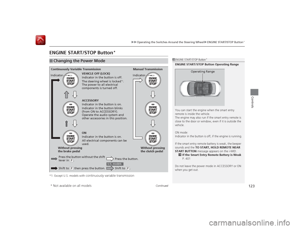 HONDA CIVIC COUPE 2015 9.G Owners Manual 123
uuOperating the Switches Around the Steering Wheel uENGINE START/STOP Button
*
Continued
Controls
ENGINE START/STOP Button
*
*1: Except U.S. models with
continuously variable transmission
â–
Cha HONDA CIVIC COUPE 2015 9.G Owners Manual 123
uuOperating the Switches Around the Steering Wheel uENGINE START/STOP Button
*
Continued
Controls
ENGINE START/STOP Button
*
*1: Except U.S. models with
continuously variable transmission
â–
Cha