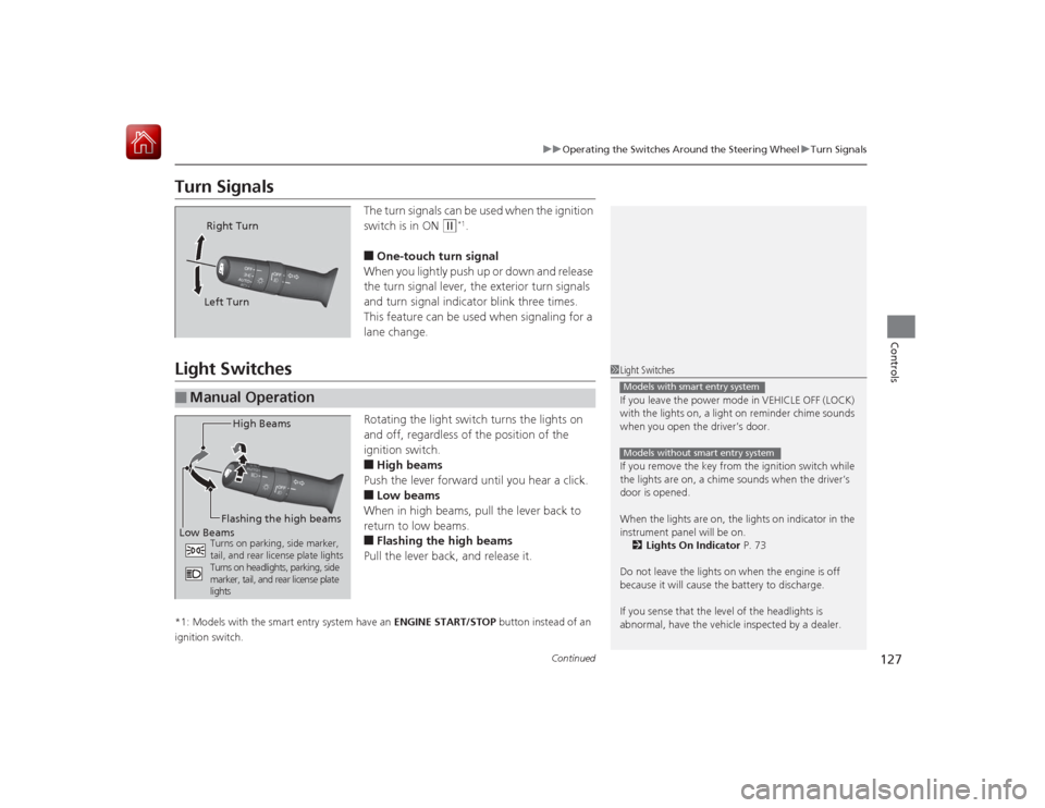 HONDA CIVIC COUPE 2015 9.G Owners Manual 127
uuOperating the Switches Around the Steering Wheel uTurn SignalsContinued
Controls
Turn Signals
The turn signals can be used when the ignition 
switch is in ON 
(w
*1.
■One-touch turn signal
Whe