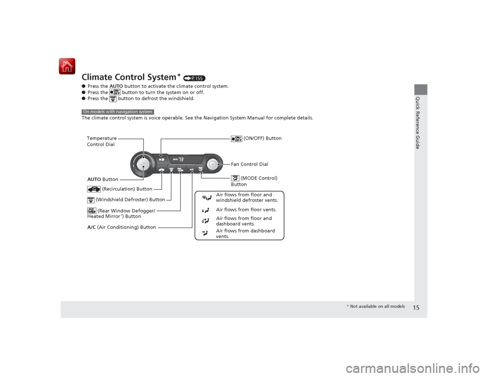 HONDA CIVIC COUPE 2015 9.G User Guide 15Quick Reference Guide
Climate Control System
* (P155)
โ Press the AUTO button to activate the climate control system.
โ Press the button to turn the system on or off.
โ Press the button t HONDA CIVIC COUPE 2015 9.G User Guide 15Quick Reference Guide
Climate Control System
* (P155)
โ Press the AUTO button to activate the climate control system.
โ Press the button to turn the system on or off.
โ Press the button t