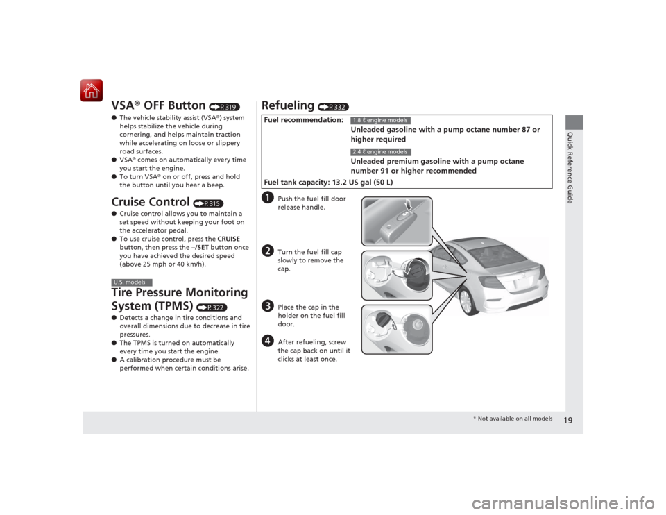 HONDA CIVIC COUPE 2015 9.G Owners Manual 19Quick Reference Guide
VSA® OFF Button
(P319)
● The vehicle stability assist (VSA ®) system
helps stabilize the vehicle during
cornering, and helps maintain traction
while accelerating on lo HONDA CIVIC COUPE 2015 9.G Owners Manual 19Quick Reference Guide
VSA® OFF Button
(P319)
● The vehicle stability assist (VSA ®) system
helps stabilize the vehicle during
cornering, and helps maintain traction
while accelerating on lo