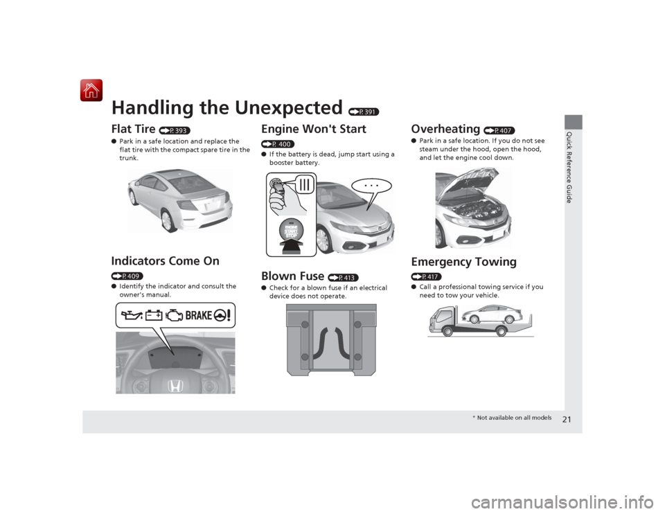 HONDA CIVIC COUPE 2015 9.G Owners Manual Quick Reference Guide21
Handling the Unexpected
(P391)
Flat Tire
(P393)
● Park in a safe location and replace the
flat tire with the compact spare tire in the
trunk.
Indicators Come On (P409)
HONDA CIVIC COUPE 2015 9.G Owners Manual Quick Reference Guide21
Handling the Unexpected
(P391)
Flat Tire
(P393)
● Park in a safe location and replace the
flat tire with the compact spare tire in the
trunk.
Indicators Come On (P409)