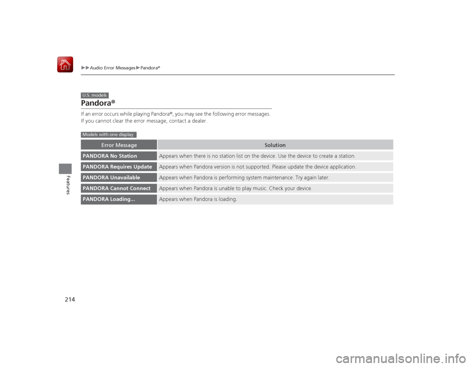 HONDA CIVIC COUPE 2015 9.G Owners Manual 214
uuAudio Error Messages uPandora®
Features
Pandora ®If an error occurs while playing Pandora ®, you may see the following error messages. 
If you cannot clear the error message, contact a dealer