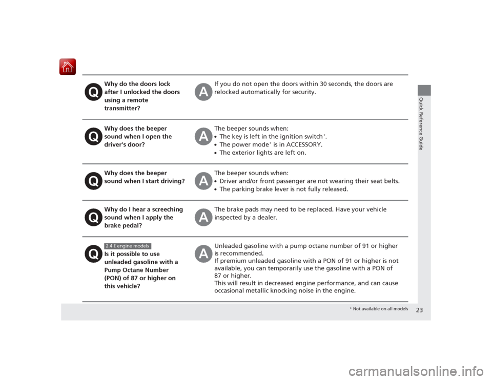 HONDA CIVIC COUPE 2015 9.G Owners Manual 23Quick Reference Guide
Why do the doors lock
after I unlocked the doors
using a remote
transmitter?
If you do not open the doors within 30 seconds, the doors are
relocked automatically for securi HONDA CIVIC COUPE 2015 9.G Owners Manual 23Quick Reference Guide
Why do the doors lock
after I unlocked the doors
using a remote
transmitter?
If you do not open the doors within 30 seconds, the doors are
relocked automatically for securi