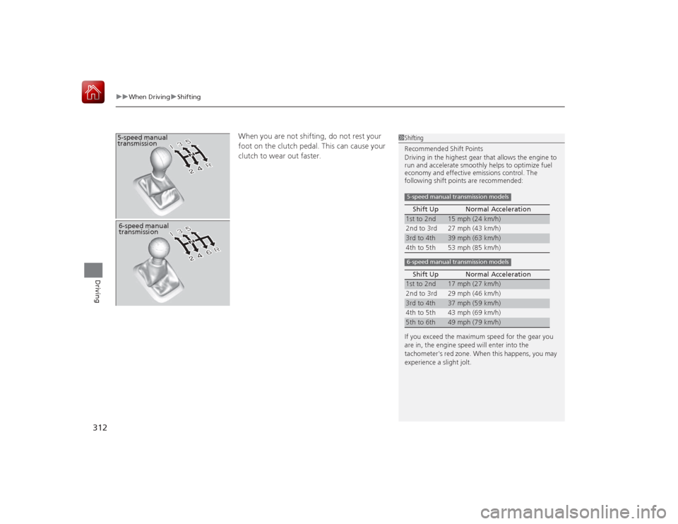 HONDA CIVIC COUPE 2015 9.G Owners Manual uuWhen Driving uShifting
312Driving
When you are not shifting , do not rest your 
foot on the clutch pedal. This can cause your 
clutch to wear out faster. 
5-speed manual 
transmission
1 Shifting
Rec