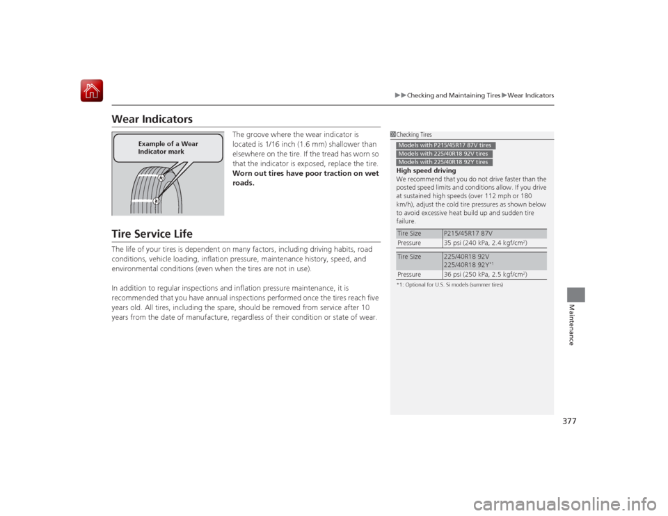 HONDA CIVIC COUPE 2015 9.G Owners Manual 377
uuChecking and Maintaining Tires uWear Indicators
Maintenance
Wear Indicators
The groove where the wear indicator is
located is 1/16 inch (1.6 mm) shallower than
elsewhere on the tire. If the tr HONDA CIVIC COUPE 2015 9.G Owners Manual 377
uuChecking and Maintaining Tires uWear Indicators
Maintenance
Wear Indicators
The groove where the wear indicator is
located is 1/16 inch (1.6 mm) shallower than
elsewhere on the tire. If the tr