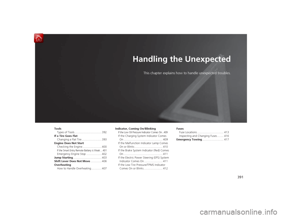 HONDA CIVIC COUPE 2015 9.G Owners Manual 391
Handling the Unexpected
This chapter explains how to handle unexpected troubles.
Tools
Types of Tools .................................. 392
If a Tire Goes Flat Changing a Flat Tire .............. HONDA CIVIC COUPE 2015 9.G Owners Manual 391
Handling the Unexpected
This chapter explains how to handle unexpected troubles.
Tools
Types of Tools .................................. 392
If a Tire Goes Flat Changing a Flat Tire ..............