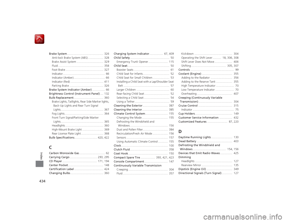 HONDA CIVIC COUPE 2015 9.G Owners Manual 434Index
Brake System............................................. 326
Anti-lock Brake System (ABS) ................... 328
Brake Assist System ................................. 329
Fluid ............