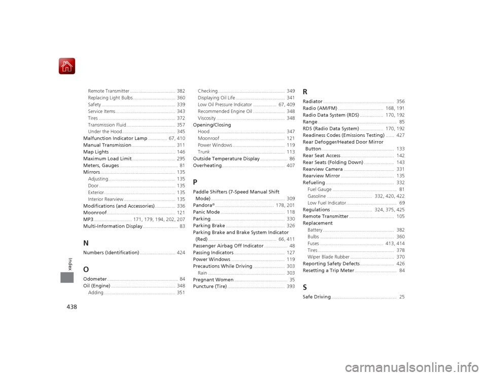 HONDA CIVIC COUPE 2015 9.G Owners Manual 438Index
Remote Transmitter ................................. 382
Replacing Light Bulbs ............................... 360
Safety ...................................................... 339
Service It