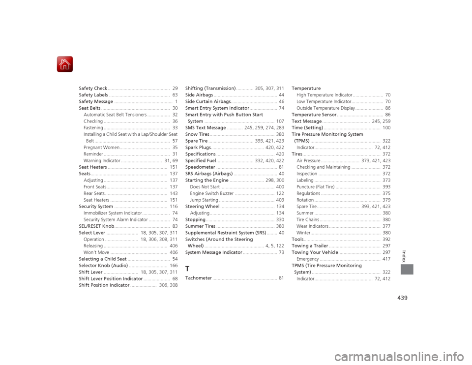 HONDA CIVIC COUPE 2015 9.G Owners Manual 439Index
Safety Check...............................................  29
Safety Labels ..............................................  63
Safety Message ............................................  1