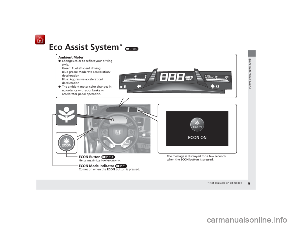 HONDA CIVIC COUPE 2015 9.G Owners Manual 9Quick Reference Guide
Eco Assist System
* (P314)
Ambient Meter●Changes color to reflect your driving
style.
Green: Fuel efficient driving
Blue green: Moderate acceleration/
deceleration
Blue: Aggr HONDA CIVIC COUPE 2015 9.G Owners Manual 9Quick Reference Guide
Eco Assist System
* (P314)
Ambient Meter●Changes color to reflect your driving
style.
Green: Fuel efficient driving
Blue green: Moderate acceleration/
deceleration
Blue: Aggr