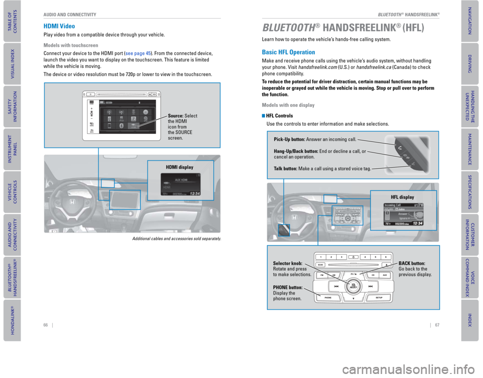 HONDA CIVIC COUPE 2015 9.G Quick Guide |    67
       BLUETOOTH® HANDSFREELINK®
66    | 
AUDIO AND CONNECTIVITY
  HDMI  Video
Play video from a compatible device through your vehicle. 
Models with touchscreen 
Connect your device to the 