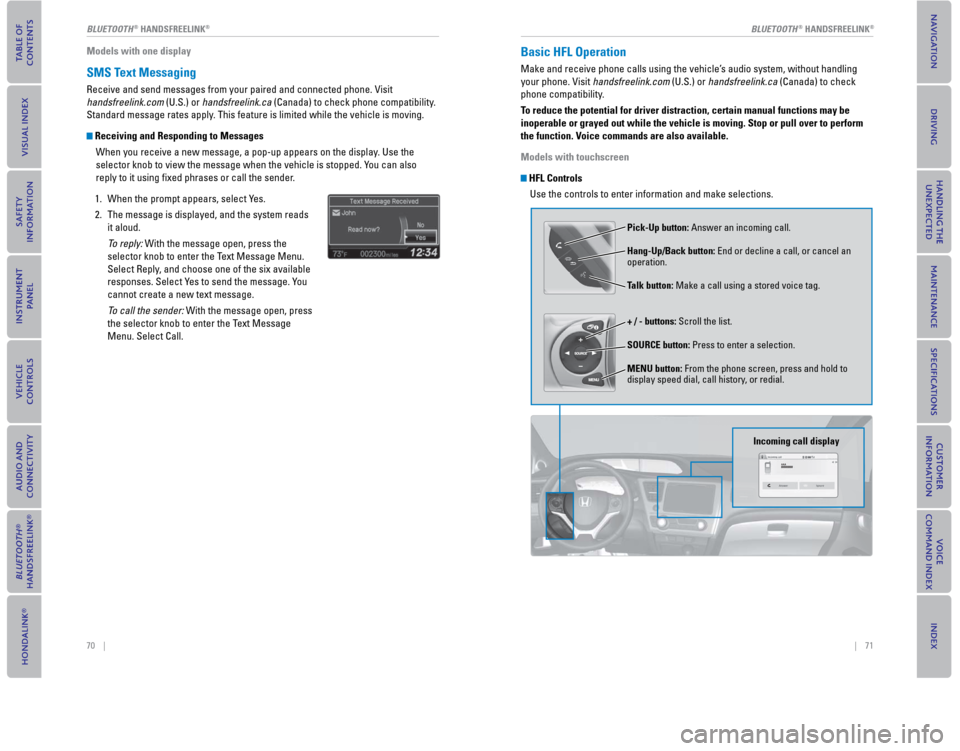 HONDA CIVIC COUPE 2015 9.G Quick Guide 70    ||    71
       BLUETOOTH
® HANDSFREELINK®BLUETOOTH® HANDSFREELINK®
Models with one display
  SMS  Text Messaging
Receive and send messages from your paired and connected phone. Visit 
hands