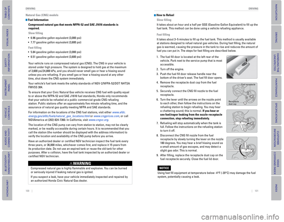 HONDA CIVIC COUPE 2015 9.G Quick Guide 100    ||    101
       DRIVINGDRIVING
Natural Gas (CNG) models
  Fuel Information
Compressed natural gas that meets NFPA-52 and SAE J1616 standards is  
required. 
Slow filling
• 6.96 gasoline gall