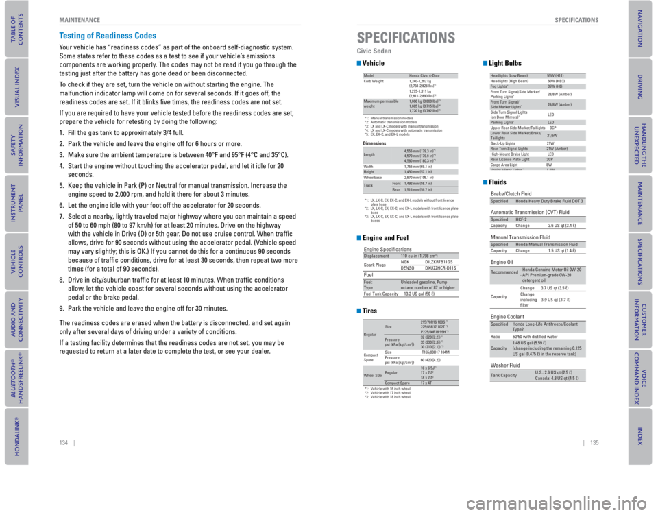 HONDA CIVIC COUPE 2015 9.G Quick Guide 134    ||    135
       SPECIFICATIONS
MAINTENANCE
Testing of  Readiness Codes
Your vehicle has “readiness codes” as part of the onboard self-diag\
nostic system. 
Some states refer to these codes