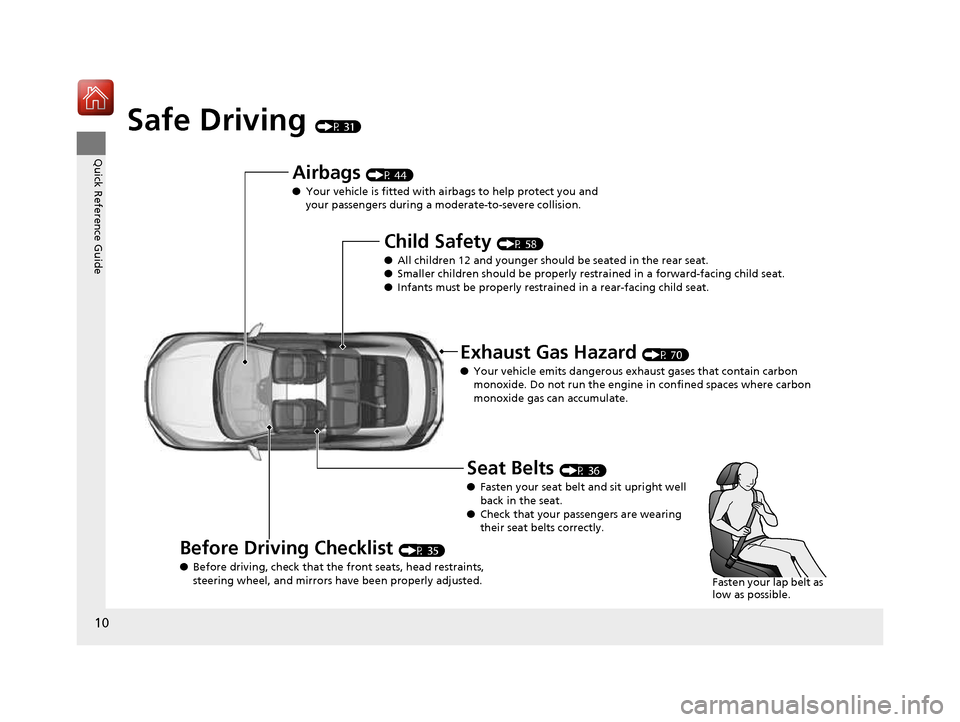 HONDA CIVIC COUPE 2016 10.G Owners Manual 10
Quick Reference Guide
Safe Driving (P 31)
Airbags (P 44)
● Your vehicle is fitted with ai rbags to help protect you and 
your passengers during a moderate-to-severe collision.
Child Safety  (P 58