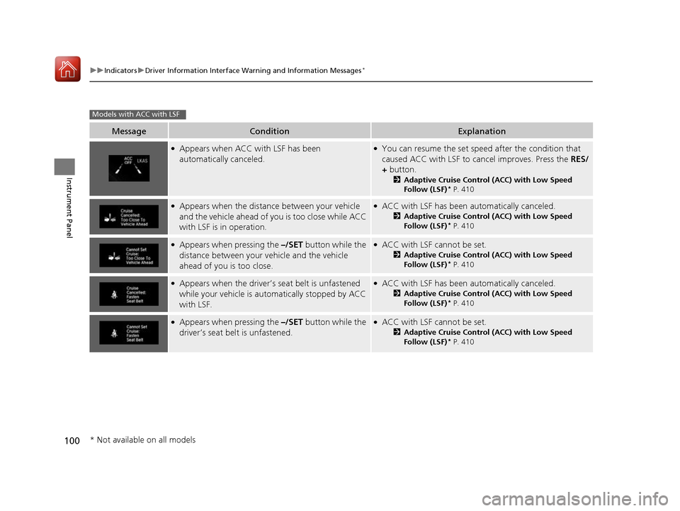 HONDA CIVIC COUPE 2016 10.G Owners Manual 100
uuIndicatorsuDriver Information Interface Warning and Information Messages *
Instrument Panel
MessageConditionExplanation
●
Appears when ACC with LSF has been  
automatically canceled.●You can