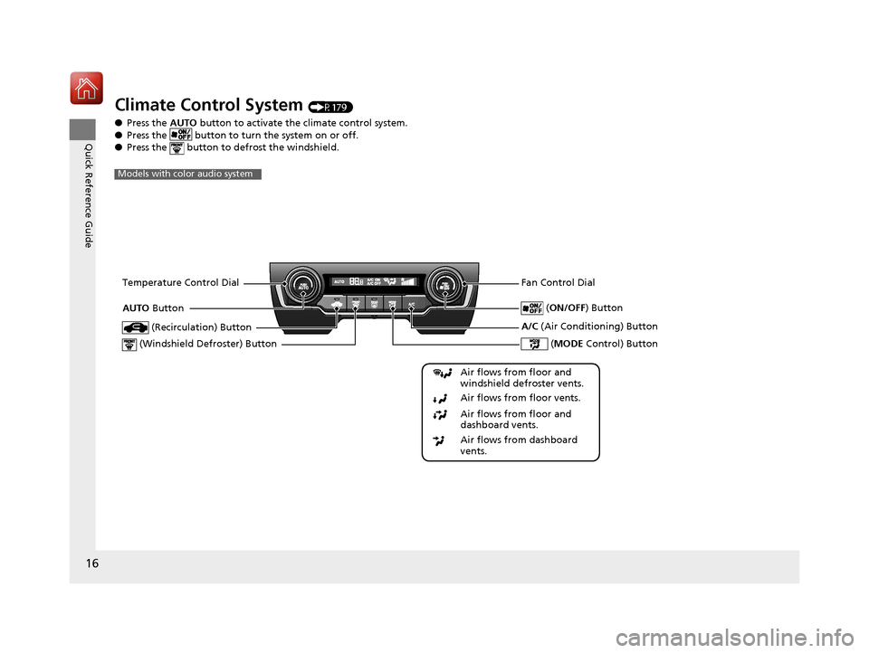 HONDA CIVIC COUPE 2016 10.G User Guide 16
Quick Reference Guide
Climate Control System (P179)
● Press the AUTO button to activate the climate control system.
● Press the button to turn the system on or off.
● Press the button to HONDA CIVIC COUPE 2016 10.G User Guide 16
Quick Reference Guide
Climate Control System (P179)
● Press the AUTO button to activate the climate control system.
● Press the button to turn the system on or off.
● Press the button to
